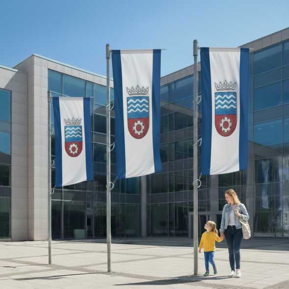 Drei Hissfahnen vor der Glasfassade des Bezirksrathauses, Frau hält Kind an der Hand im Vordergrund.