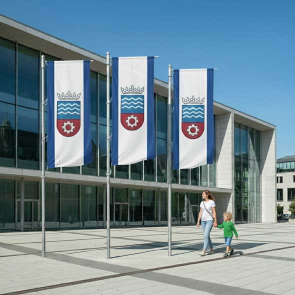 Mutter mit Kind auf dem Rathausplatz – drei blau-weiße Hissfahnen mit Stadtwappen an Masten.
