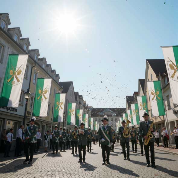 Bannerfahnen in wiederholter Reihe entlang einer historischen Innenstadt während eines Festzugs.