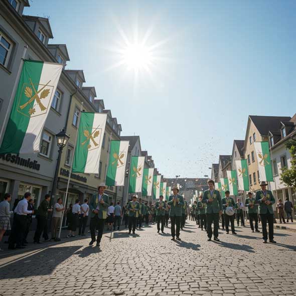 Parade mit Musikern und gleichmäßig gehissten Bannerfahnen vor Reihen von Stadthäusern.