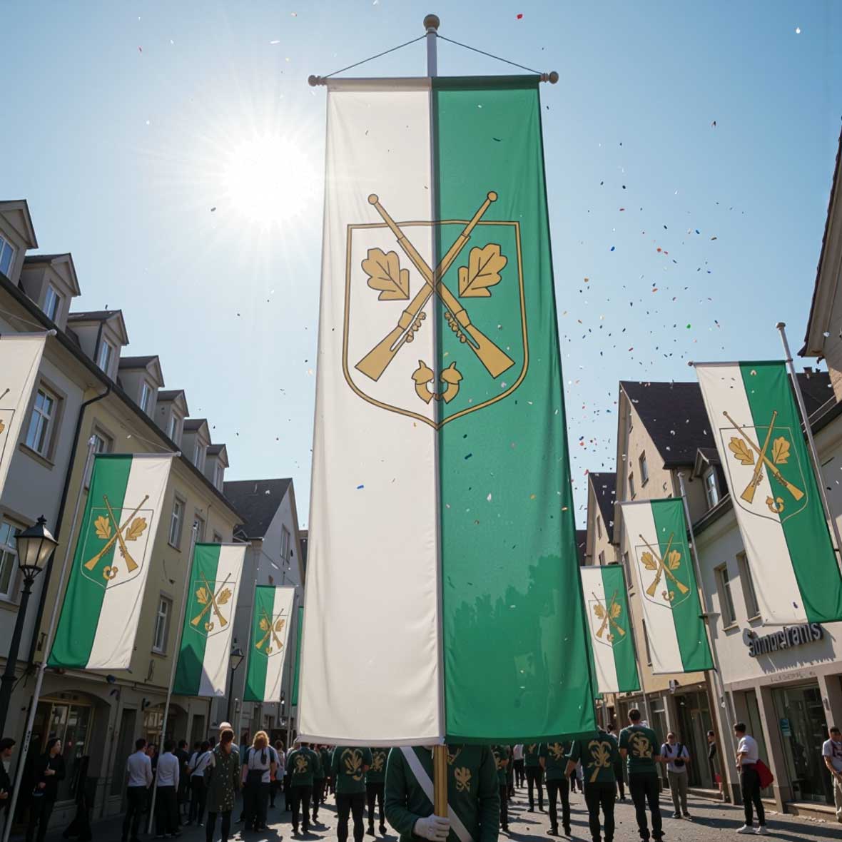 Großformatige Bannerfahne in Grün und Weiß mit Vereinswappen bei sonnigem Festumzug in einer Altstadtstraße.