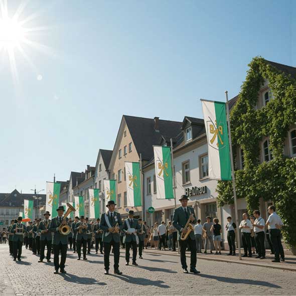 Musikkapelle marschiert durch eine geschmückte Straße, flankiert von grünen und weißen Bannerfahnen mit Wappen.