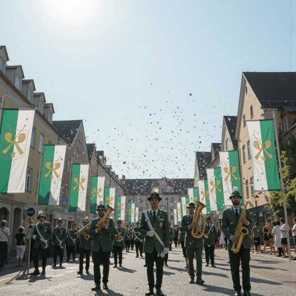 Festlicher Umzug mit Musikgruppe und zahlreichen Bannerfahnen entlang der Straße, Konfetti in der Luft.