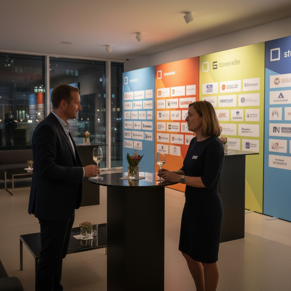 Zwei Personen im Gespräch vor farbiger Sponsorenwand aus Textilspannrahmen; elegante Event-Szene mit Fokus auf Markenpräsenz.