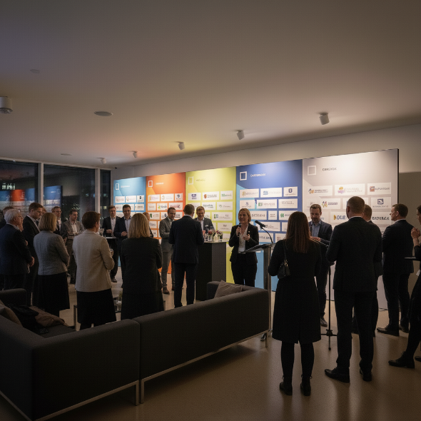 Sprecherin hält Begrüßungsrede vor Sponsorenwand aus Textilspannrahmen; Publikum lauscht, stimmungsvolle Business-Atmosphäre.