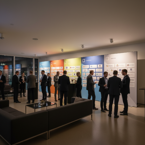 Business-Event in moderner Lounge mit Sponsorenwand aus Textilspannrahmen; zahlreiche Gäste im Gespräch, farbige Markenflächen im Hintergrund.