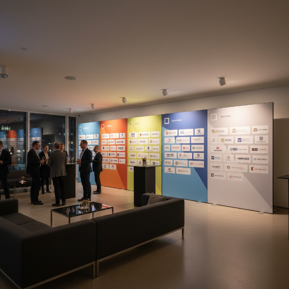 Hochwertige Event-Lounge mit großformatigen Textilspannrahmen als Sponsorenwand; Gäste im Gespräch, warme Lichtstimmung, professionelle Markenpräsenz.