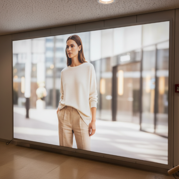LED-Textilspannrahmen mit Fashionmotiv im Kaufhaus