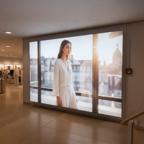 Beleuchteter Textilspannrahmen mit Modekampagne im Kaufhaus bei Tageslicht – brillante Bildwirkung am Point of Sale.
