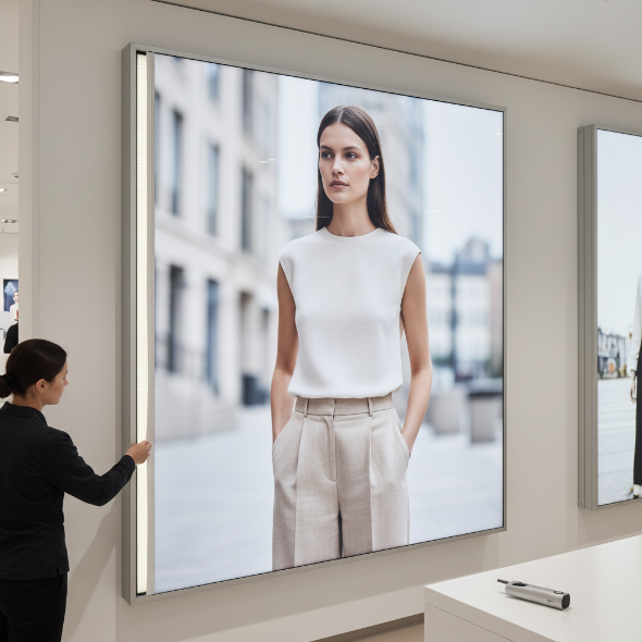 Detailansicht beim Motivwechsel an einem LED-Textilspannrahmen durch das Visual-Merchandising-Team.