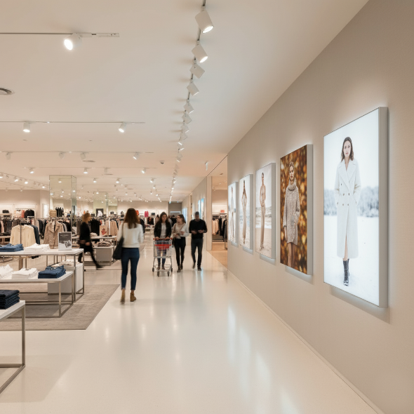 LED-Textilspannrahmen im Kaufhaus – Saisonkampagnen entlang des Gangs