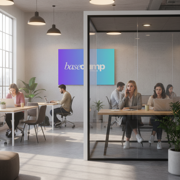 Textilspannrahmen Akustik im Meetingraum von Basecamp – elegante Wandlösung mit akustischer Wirkung in modernem Coworking-Ambiente.