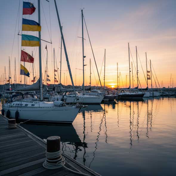 Einzeln gesetzte Velumflag Longlife Flagge mit maritimem Vereinslogo vor Sonnenuntergang; Yachten im Hintergrund, goldene Lichtstimmung über dem Wasser.
