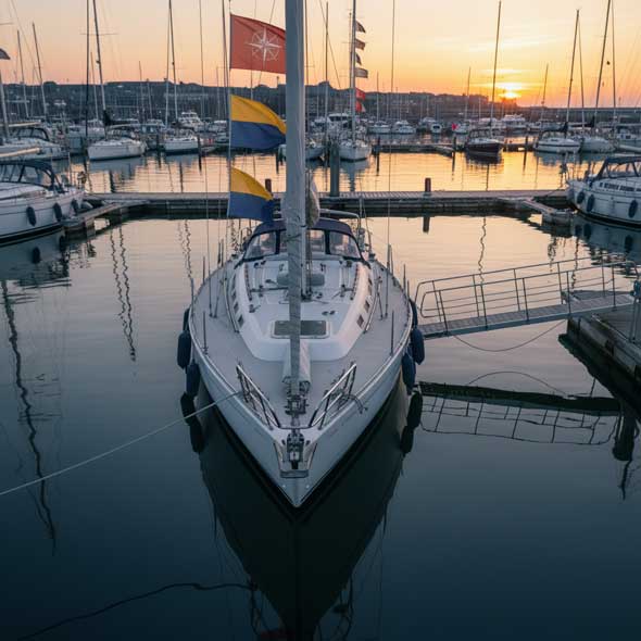 Frontale Ansicht eines Segelboots mit Velumflag Longlife Flaggen am Mast, ruhender Hafen im Hintergrund, warme Abendsonne über dem Meer.