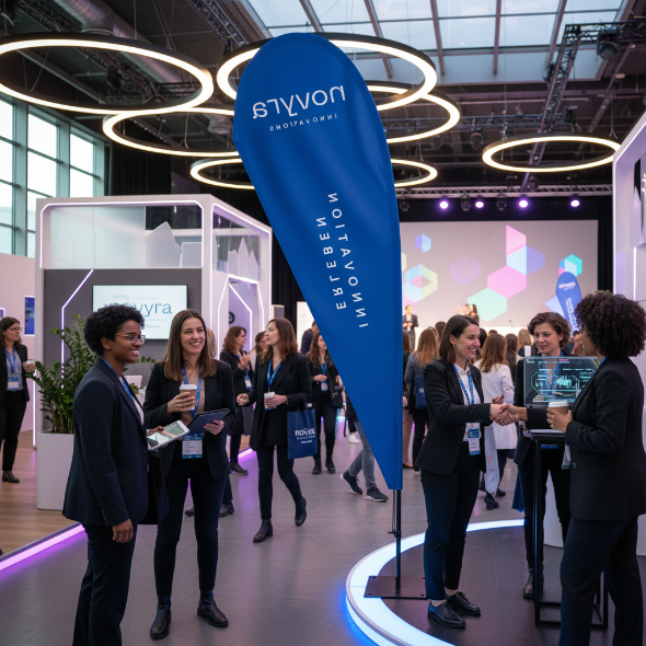 Beachflag Fortuna – elegante Beachflag in Blau als Teil eines modernen Display-Systems auf einem Firmenevent.