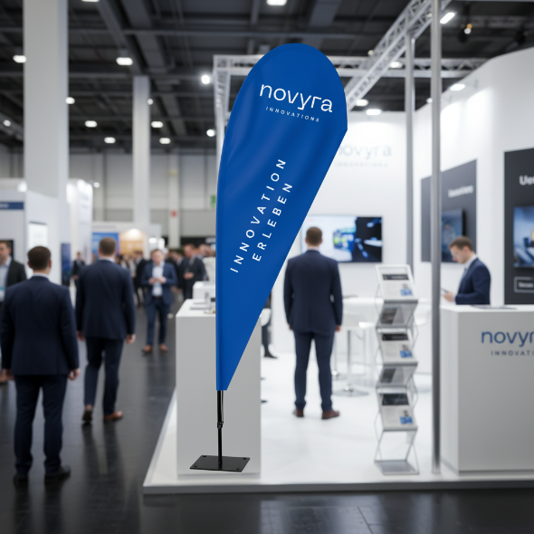 Beachflag Fortuna – moderner Messeauftritt eines innovativen Unternehmens mit blauer Beachflag und klarer Markenbotschaft.