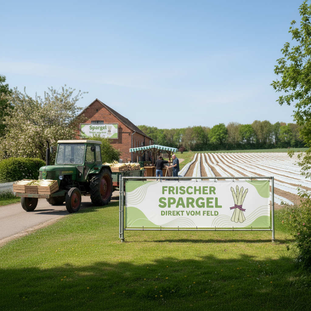 PVC-Banner mit Aufdruck „Frischer Spargel – direkt vom Feld“ an einem Spargelhof, im Vordergrund ein grüner Traktor mit Holzkisten voller Spargel