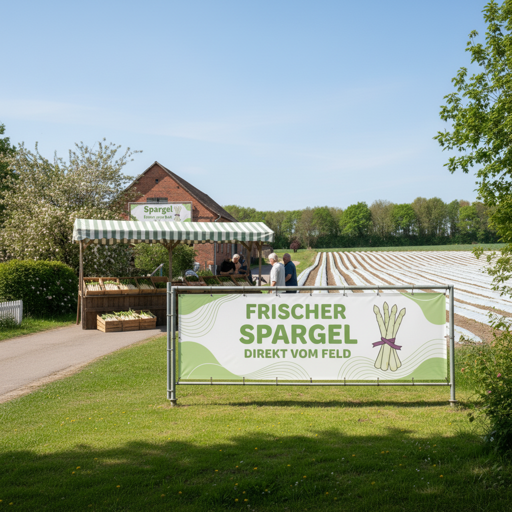 Banner an der Einfahrt des Spargelhofs – hohe Sichtbarkeit