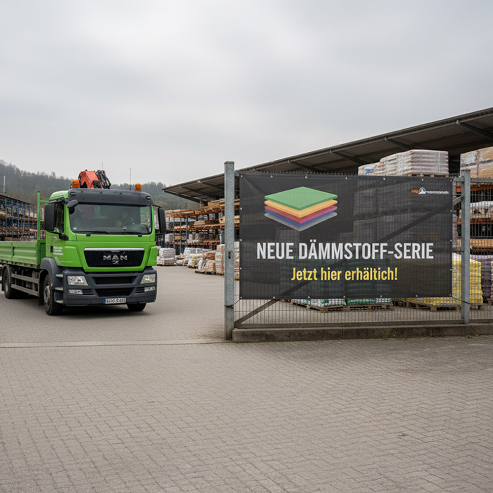 Bauzaunbanner an der Einfahrt mit LKW – hohe Sichtbarkeit