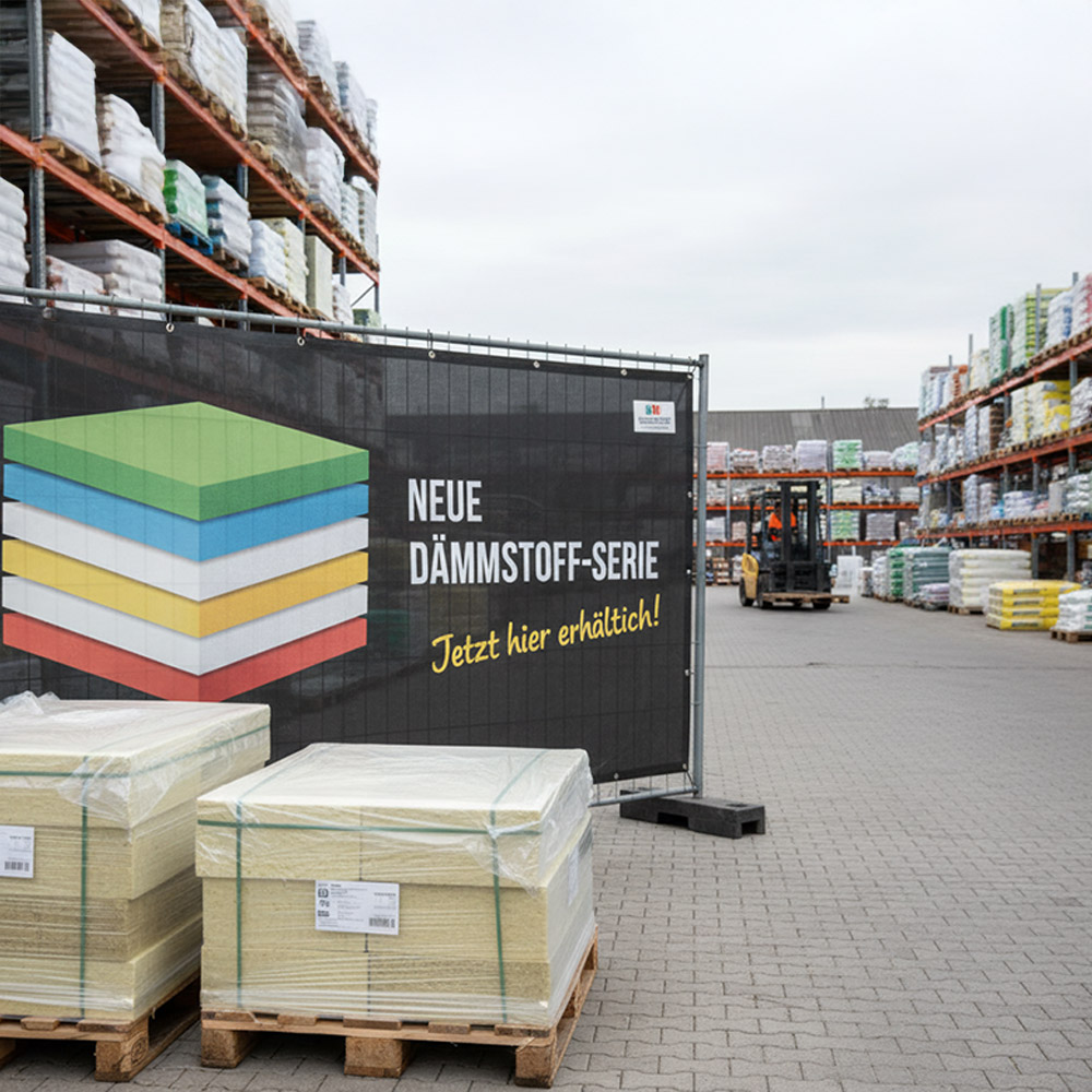 Bauzaunbanner direkt am Lagerbereich der Dämmstoffe