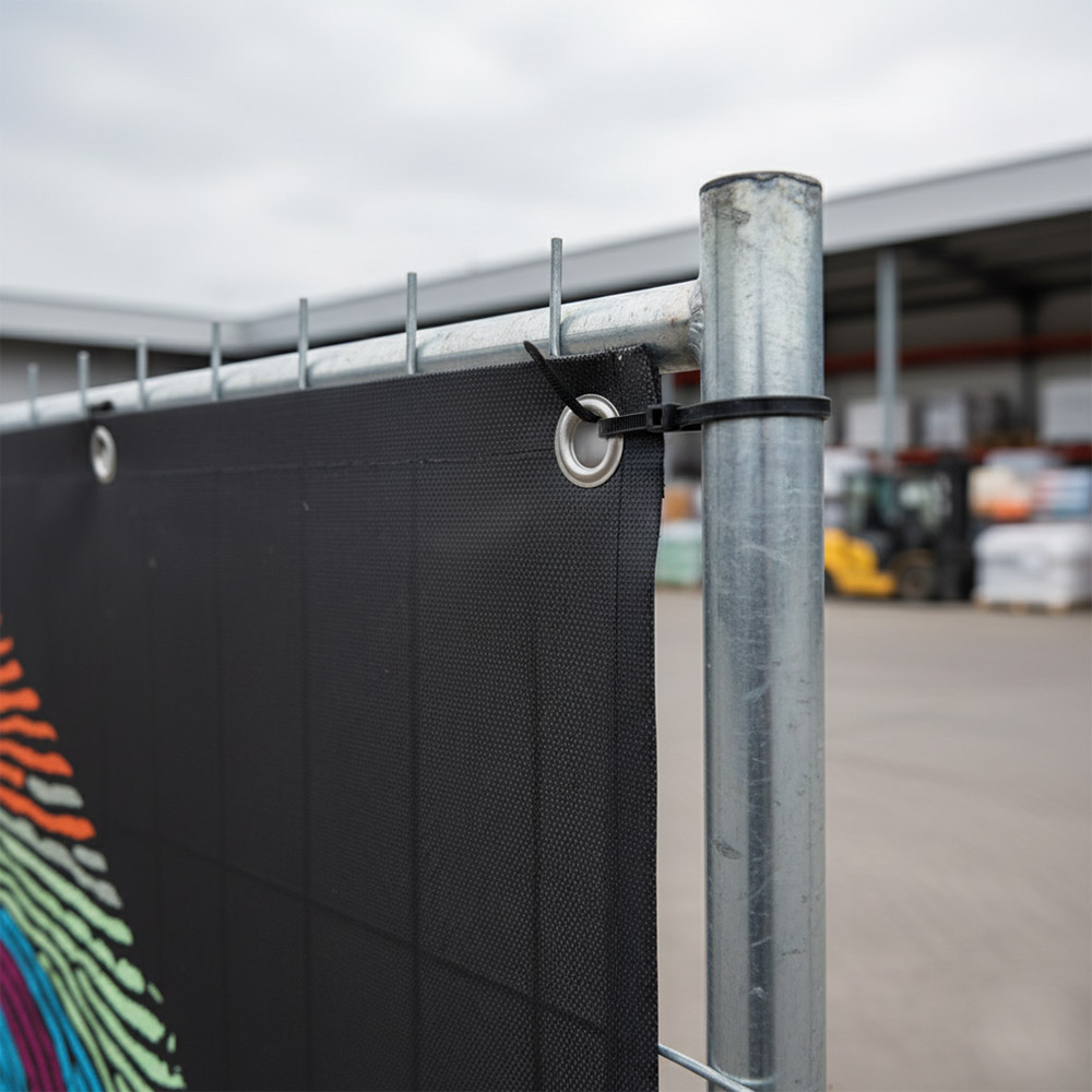 Detail: PVC-Mesh Bauzaunbanner mit Öse und Kabelbinder